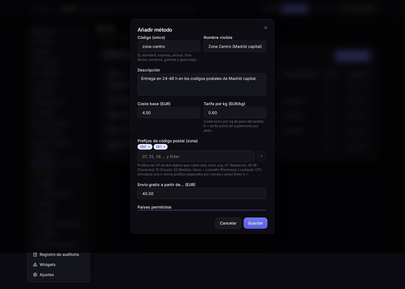 El formulario relleno. Los prefijos `280` y `281` ya son etiquetas: eso es lo que define la zona.