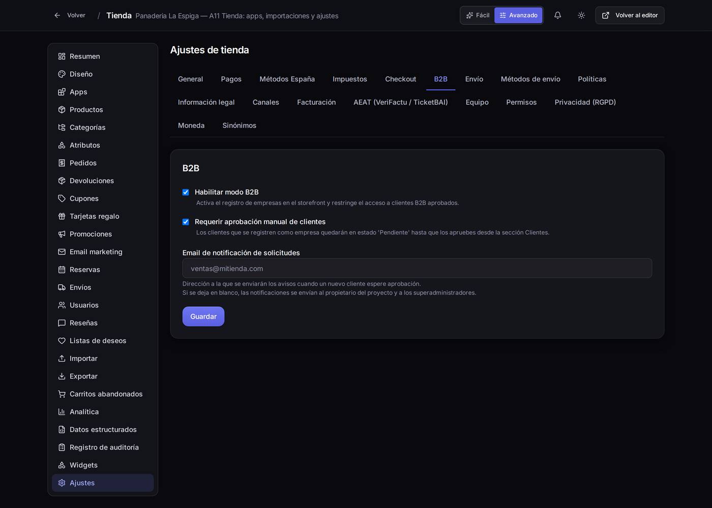 El modo de venta a empresas: registro de empresas, aprobación manual y correo de avisos.