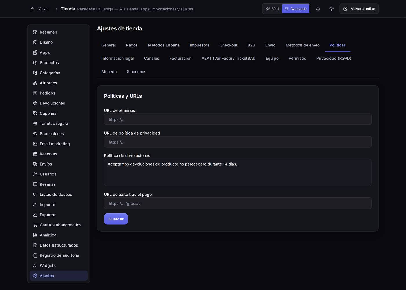 Las direcciones de tus páginas de condiciones, privacidad y devoluciones, y la página a la que va el cliente después de pagar.