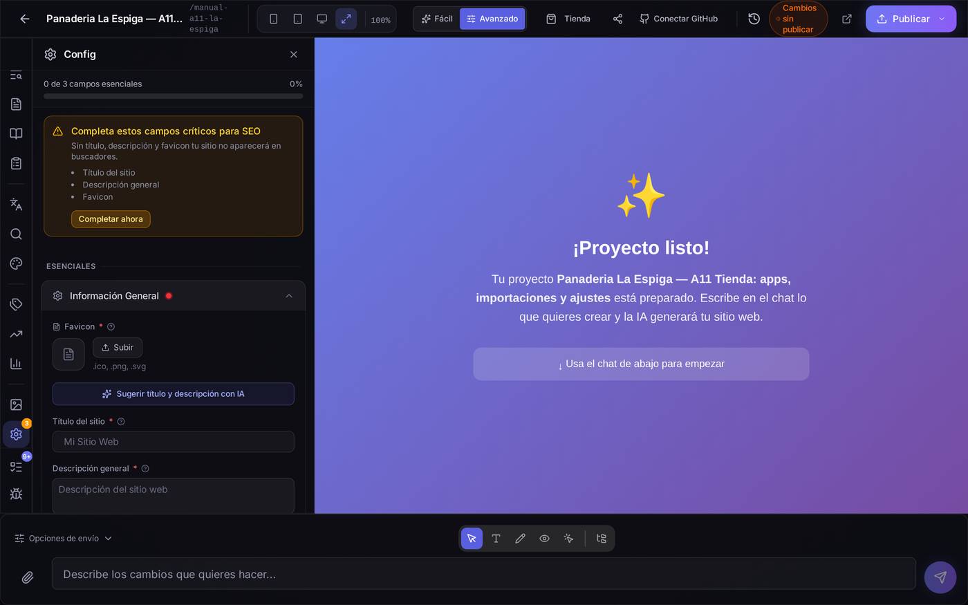 El panel Config del proyecto, abierto por la sección Información General. El aviso amarillo de arriba lista los campos que faltan para que el sitio salga en buscadores.