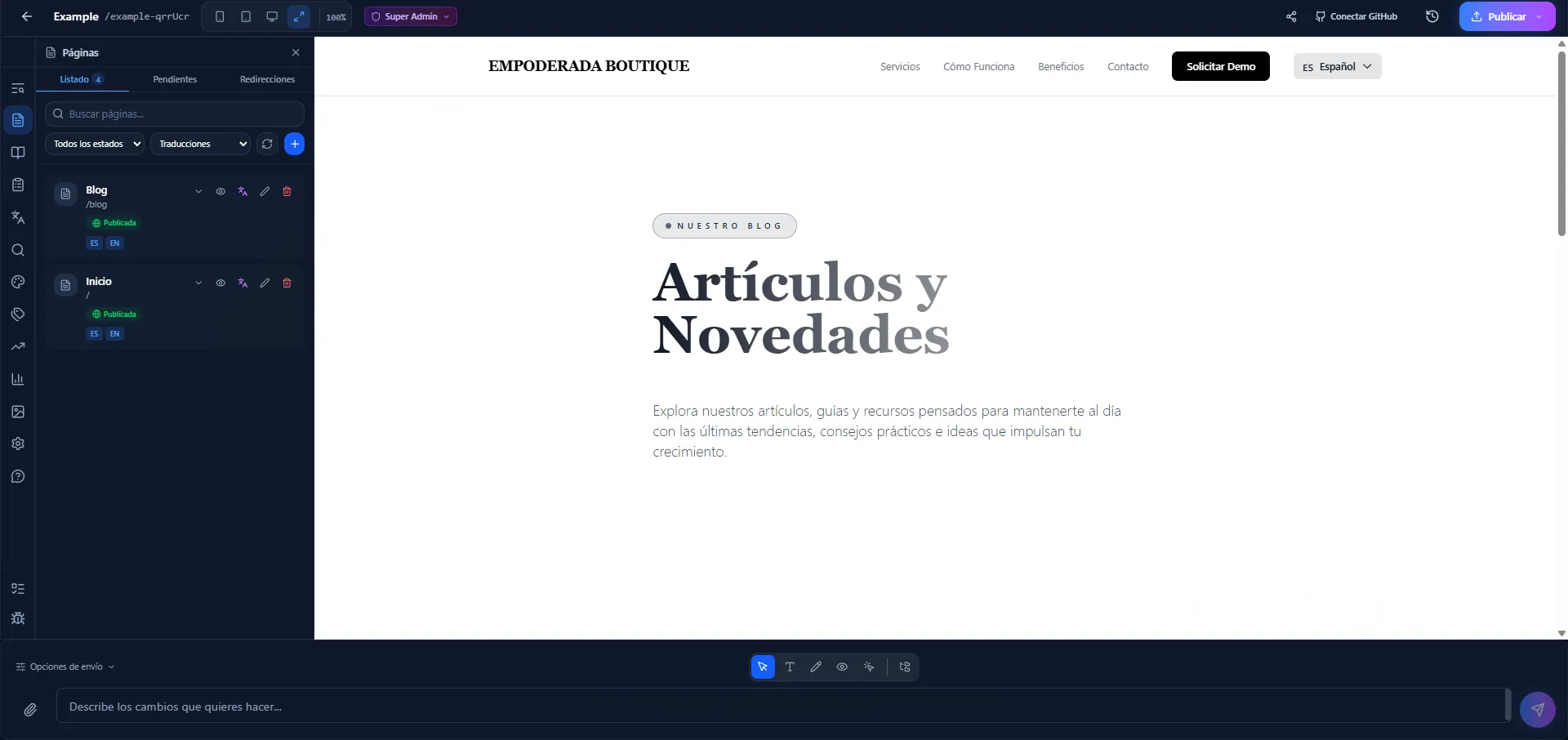 Dashboard showing pages translated in both Spanish and English